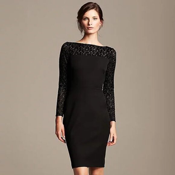 Roland Mouret for Banana Republic Black Dress Sheer Lace Sleeves Flattering Fit - Picture 1 of 3